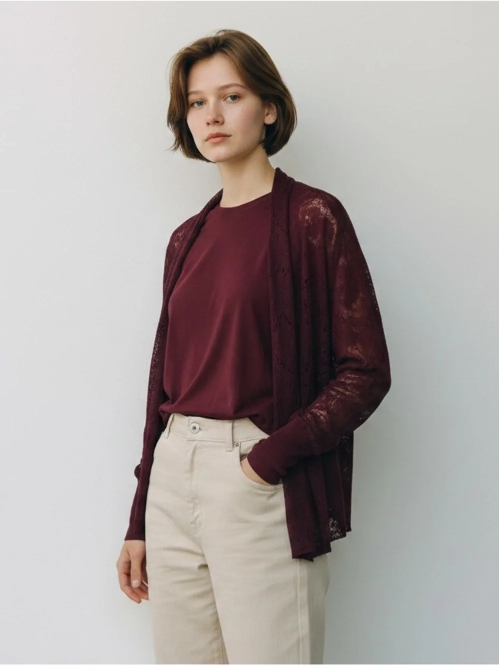 Eileen Fisher 2-Pc Twin Set Silk Top w/ Lace Cardigan Burgundy M/L